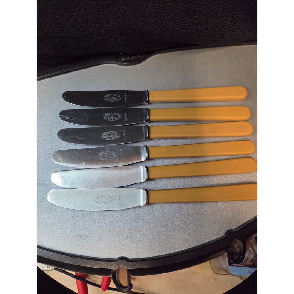 Vtg Hiram Wild Sheffield Steak Knives  6 pcd Stainless Steel Tan Handles England